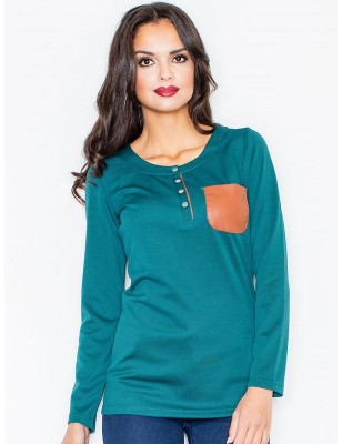 proRound Neck Eco-Leather Blouse with Pocket_Women`s Blouses, Tunics