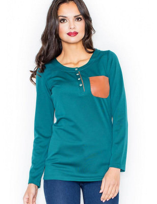 Round Neck Eco-Leather Blouse with Pocket