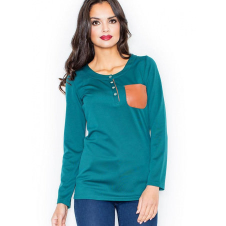 Round Neck Eco-Leather Blouse with Pocket