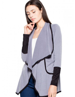 Women's Unbuttoned Padded Collar Sweater - Contrasting Colors, Side Pockets