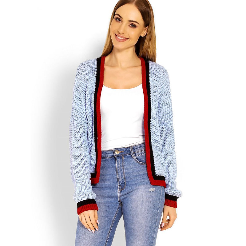 proUnbuttoned Acrylic Jacket with Contrasting Piping_Cardigans for Women, Ponchos