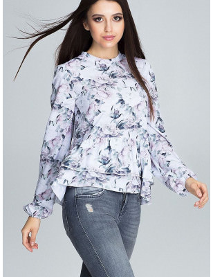 proFloral Ruffled Blouse - Loose Fit Stand Collar_Women`s Blouses, Tunics