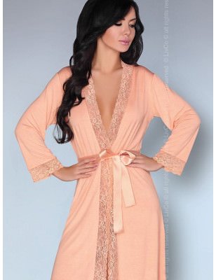 Peach Viscose Dressing Gown Lace Trim Tied Waist