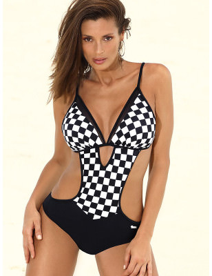 Black and White Checkered Cut-Out One Piece Swimsuit