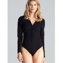 Black Sensual Long Sleeve Bodysuit Envelope Neckline Bust Enhancing