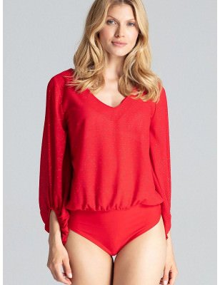 Red Loose-Fit Bodysuit Glitter Long Sleeves Serek Neckline