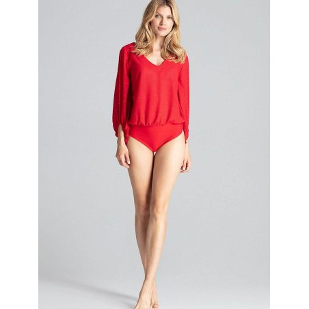 Red Loose-Fit Bodysuit Glitter Long Sleeves Serek Neckline