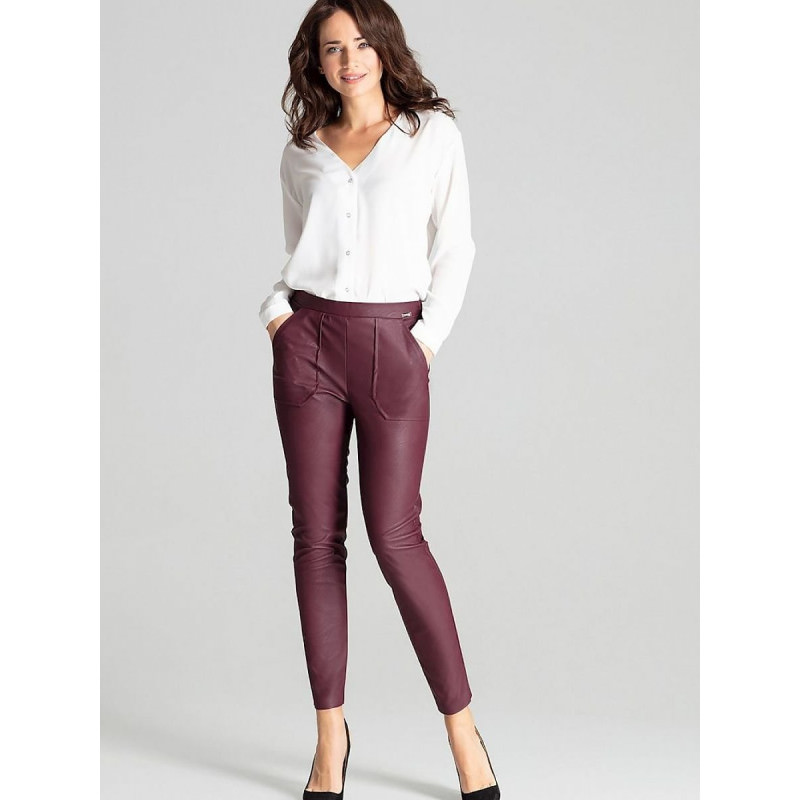 proMaroon Tailored Eco-Leather Trousers - Wide Waistband, Pockets_Casual Pants for Women