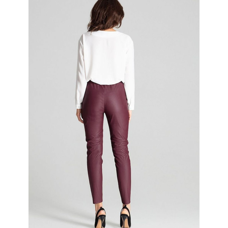 proMaroon Tailored Eco-Leather Trousers - Wide Waistband, Pockets_Casual Pants for Women