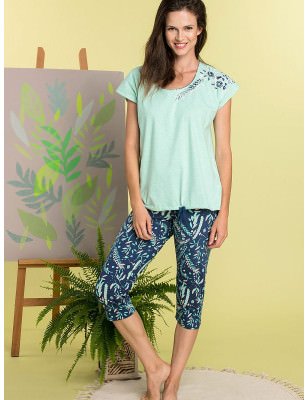 Ladies Floral Print Pajama Set, Adjustable Drawstring Waist Ribbed Pants