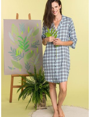 proCheckered Viscose Nightgown - Loose Fit & Button Front_Nightgowns, Nighties, Sleep Shirts