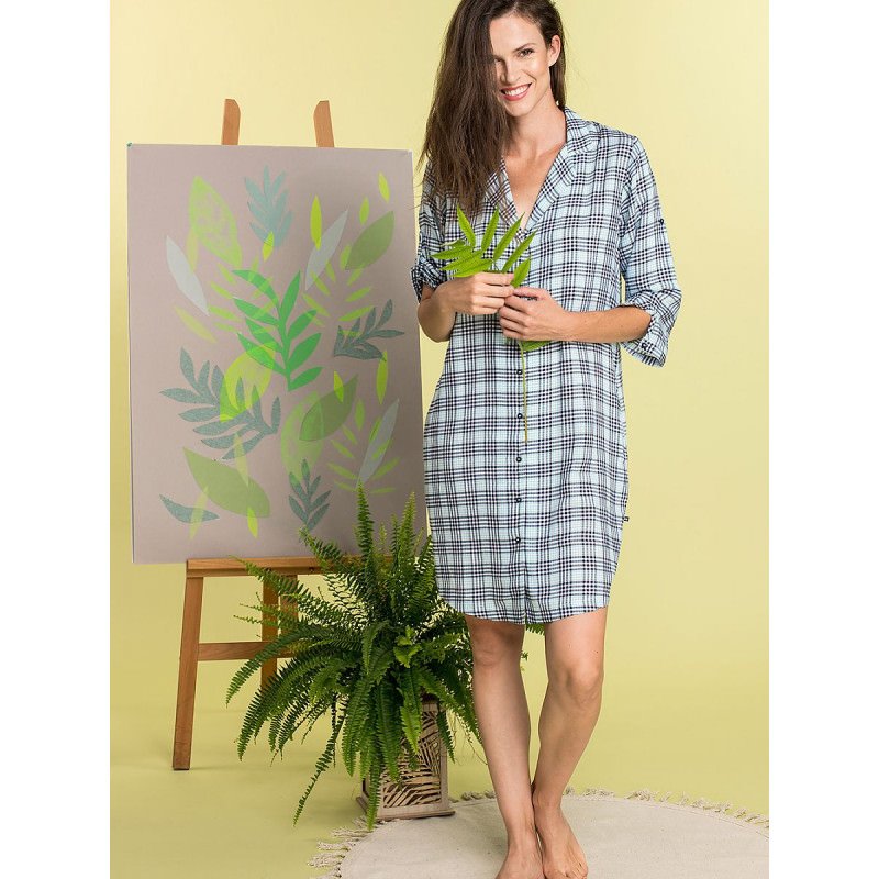 proCheckered Viscose Nightgown - Loose Fit & Button Front_Nightgowns, Nighties, Sleep Shirts