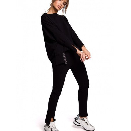 Loose-Fit Sweatshirt Side Slits & Cuffs Decorative Piping