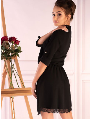 Black Elegant Open Neckline Dress with Lace Trim