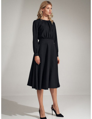 Black Flared Midi Dress: Ruffled Sleeves, Semi-Sheer Neckline