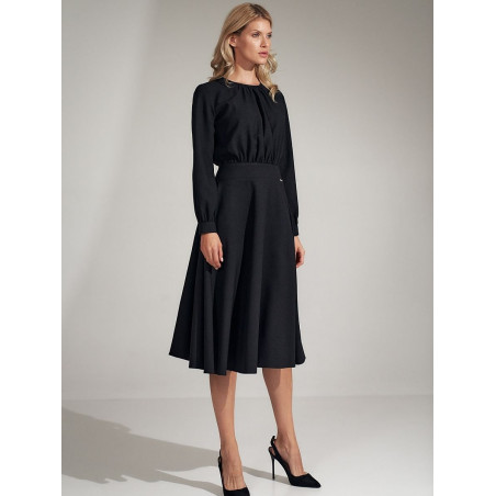 Black Flared Midi Dress: Ruffled Sleeves, Semi-Sheer Neckline