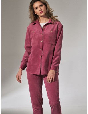 Pink Long Sleeve Corduroy Button-Up Shirt with Pockets