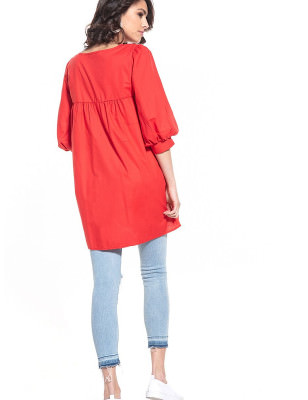 Pointed Neckline Tunic - 3/4 Sleeves, Stylish Cuffs