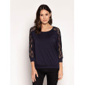 Navy Blue Lace Blouse - Almond Neckline, 3/4 Sleeves