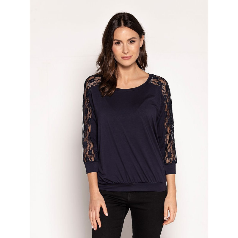 proNavy Blue Lace Blouse - Almond Neckline, 3/4 Sleeves_Women`s Blouses, Tunics