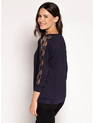 Navy Blue Lace Blouse - Almond Neckline, 3/4 Sleeves