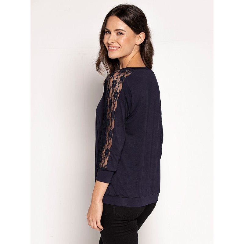 proNavy Blue Lace Blouse - Almond Neckline, 3/4 Sleeves_Women`s Blouses, Tunics