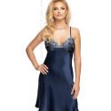 Navy Blue Satin Nightdress Floral Embroidery Adjustable Straps