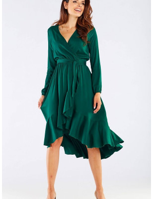 Viscose Dress with Envelope Neckline, Waist Tie & Frills