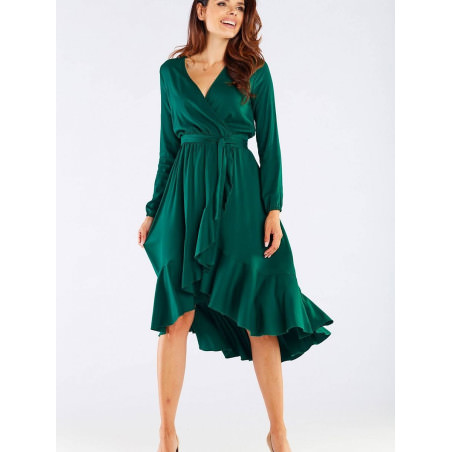 Viscose Dress with Envelope Neckline, Waist Tie & Frills