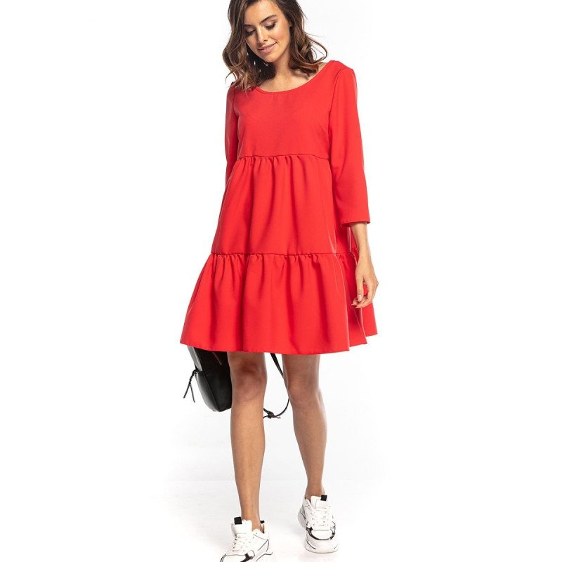 proRuffled Mini Dress 3/4 Sleeves Boat Neck Deep V-Back_Day Dresses