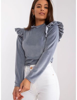 Elegant Velour Blouse Stand-Up Collar Shoulder Frills