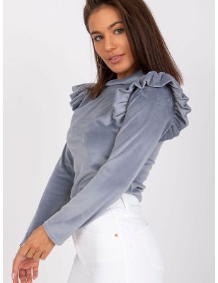 Elegant Velour Blouse Stand-Up Collar Shoulder Frills