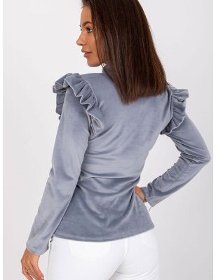 Elegant Velour Blouse Stand-Up Collar Shoulder Frills