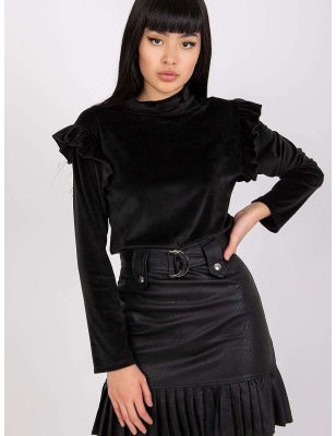 Elegant Velour Blouse Stand-Up Collar Shoulder Frills