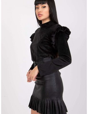 Elegant Velour Blouse Stand-Up Collar Shoulder Frills