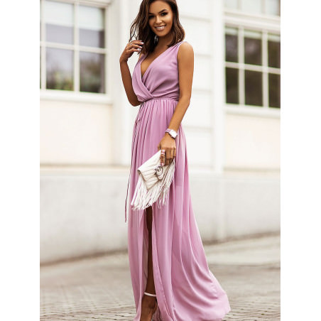 Chiffon Maxi Dress V Neck Side Slit Elastic Waist