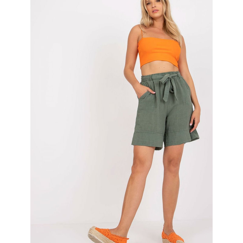 proHigh-Waisted Cotton Shorts with Tied Waistband and Pockets_Shorts for Women, Crop Pants