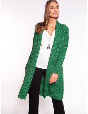 Waffle Texture Sweater Coat - Shawl Collar, Knee Length