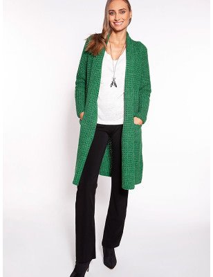 Waffle Texture Sweater Coat - Shawl Collar, Knee Length