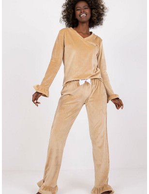 proVelour Pajama Set, Long Sleeve Blouse with Frills and Bow_Women`s Pyjamas, Sleepwear Sets