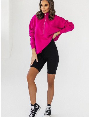 Oversize Sweatshirt with Adjustable Zipper Neckline and Decorative Stitching