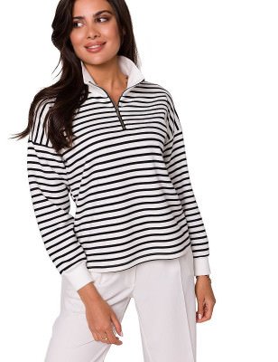 proStriped Cotton Knit Sweatshirt with Zipper and High Collar_Sweatshirts for Women