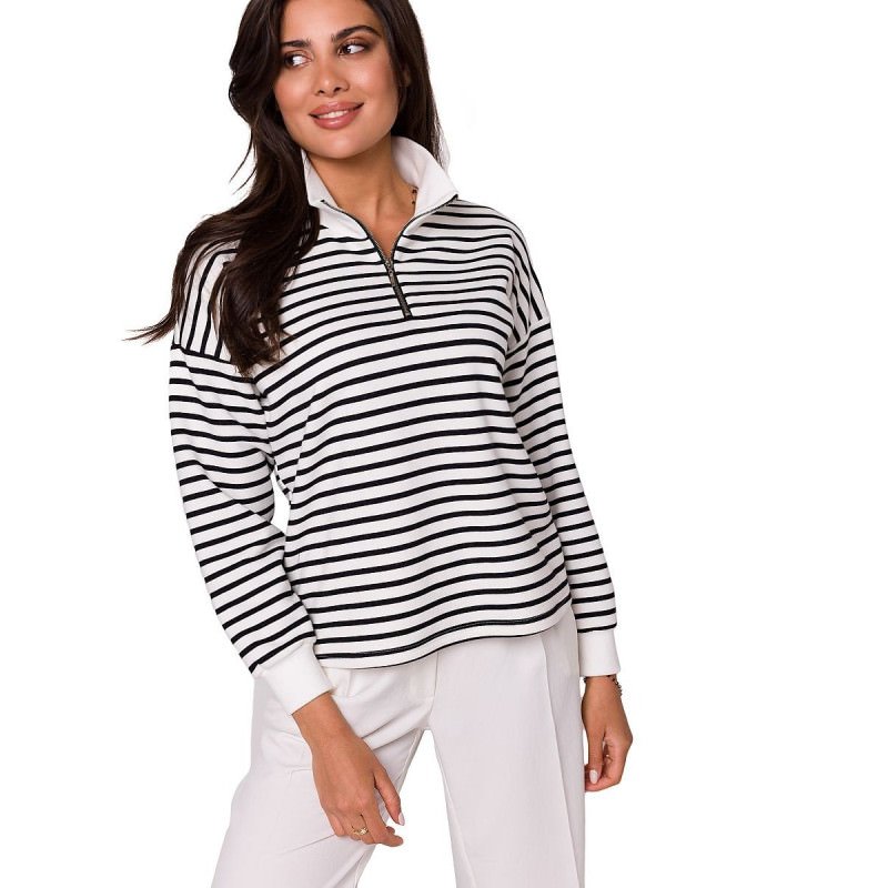 proStriped Cotton Knit Sweatshirt with Zipper and High Collar_Sweatshirts for Women