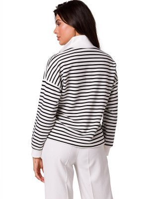 Striped Cotton Knit Sweatshirt with Zipper and High Collar