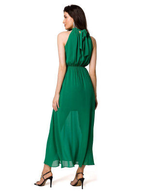 Elegant Chiffon Midi Dress Halter Neck Tie Belt