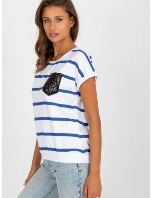 Colorful Striped Women's Blouse, Round Neck Short Sleeve Top