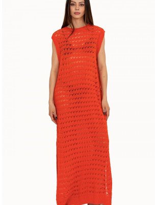 proOpenwork Long Knit Sleeveless Dress, Beach Maxi Dress with Slits_Beach Dresses, Cover-Ups, Pareos