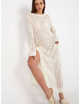 Openwork Long Knit Dress - Elegant Openwork Design, Decorative Slits