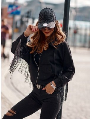 Women's High Stand-Up Collar Black Sweatshirt with Tassels