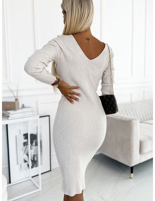 Numoco Basic Comfortable Beige Striped Sweater Dress